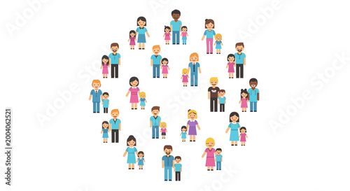 A diverse group of family characters are presented in a flat vector illustration, depicting an International Family Day celebration with colorful designs and a parenting concept