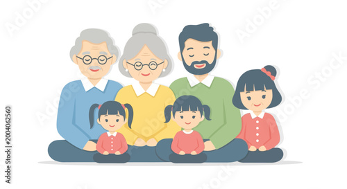 A cheerful three-generation family illustration featuring parents, grandparents, and children sitting together in a flat vector style, conveying a warm and loving mood against a clean white