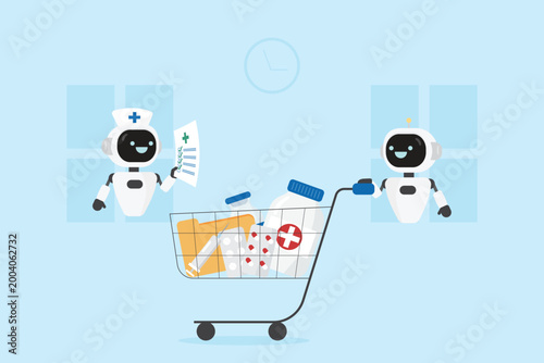AI Robots Delivering Medicine and Medical Supplies in Hospital, automation transportation smart logistics concepts Flat Design