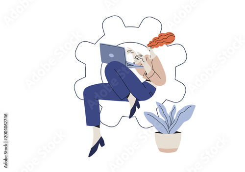 Businesswoman sitting on a large gear wheel while working on a laptop, System management, Flat vector design illustration.
