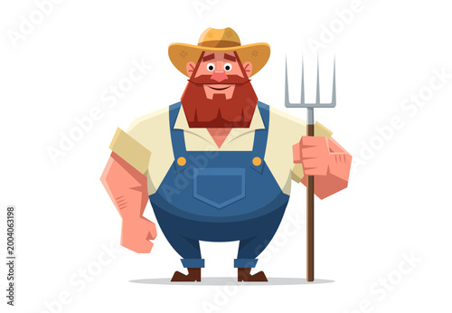 A man farmer in overalls holding a pitchfork standing on a white background. Agriculture concept. flat vector illustration.