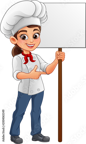 Cartoon female chef woman in uniform and hat smiling, holding a blank board sign on a pole and pointing with her other hand. Funny cook character for menu, restaurant, catering or food design.