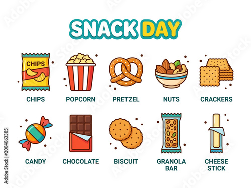 Vector icons of popular snack foods and treats, perfect for food blogs, recipe sites, and menu designs