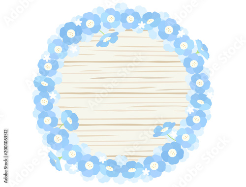 ネモフィラの花と木の板を組み合わせてリース風にしたイラスト