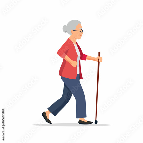 Elderly Woman Walking with a Cane