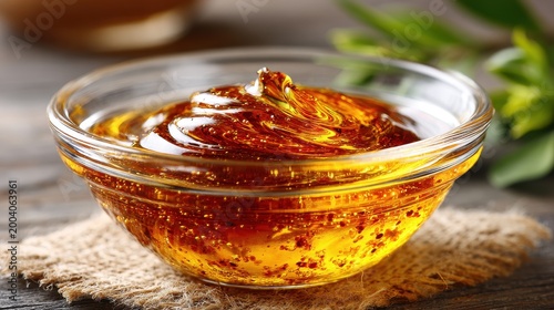 Golden Honey in Glass Bowl on Burlap, Close Up Macro Shot