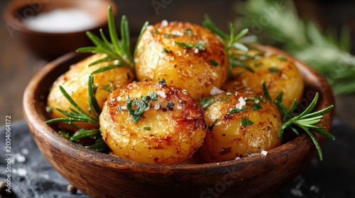 Roasted Potatoes with Rosemary and Salt in Wooden Bowl, Rustic Style