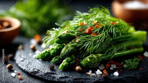 Fresh Asparagus Spears with Dill and Spices on Dark Slate Background