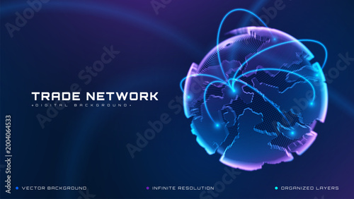 Abstract trade network background with blue glow world map. Digital tech concept presenting worldwide connection line. Future logistics design displaying bright purple particle.