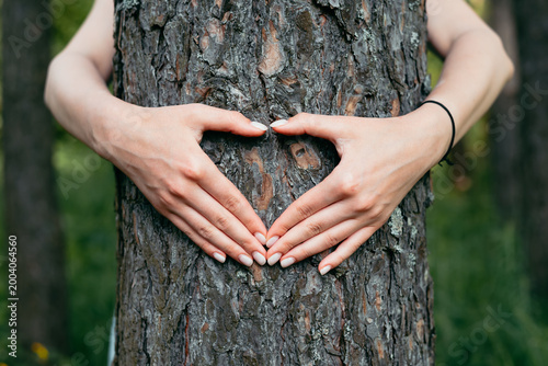 Two hands create a heart shape while resting against a tree trunk in a forest area. The scene highlights a connection between nature and human emotions in a lush green environment