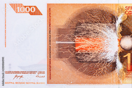 Canvas Print 1000 Dinara Yugoslavia banknote 1990 with the image of Tesla transformer