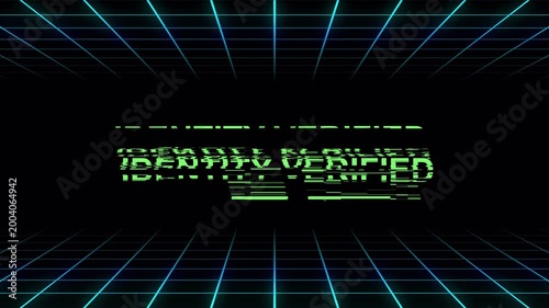 Animated 'Identity Verified' Glitch Text Overlay. Neon Green Tech HUD with Blue Grid on Alpha Channel.