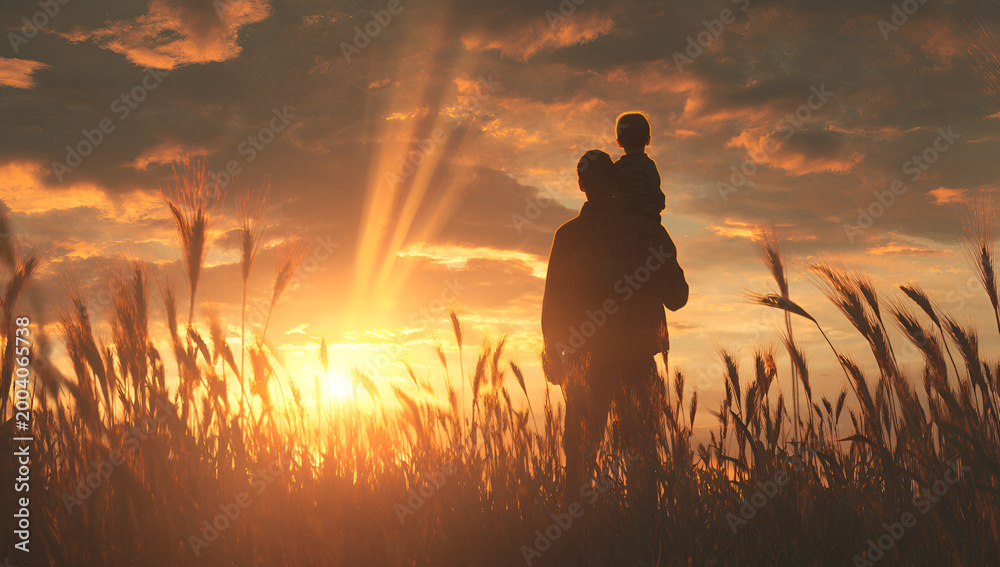 Fototapeta premium Father and child silhouette walking through a golden wheat field at sunset.