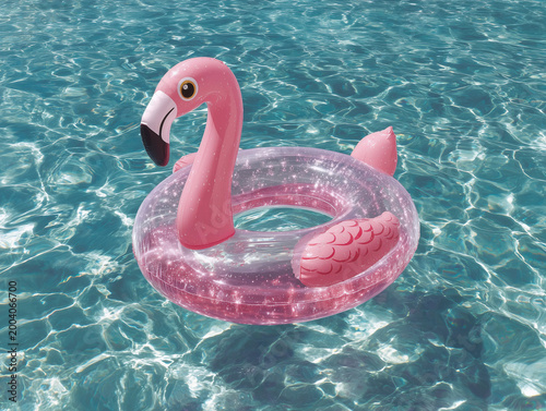 Pink glitter flamingo inflatable float floating on crystal clear turquoise pool water during sunny summer day. Hello summertime concept. AI generated