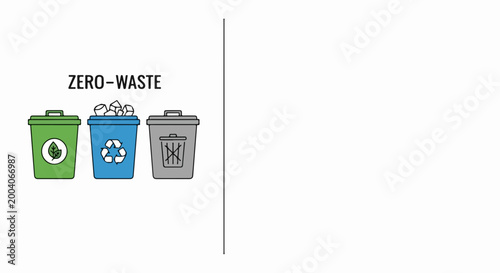 Zero-waste recycling bins with green, blue, and gray containers for eco-friendly waste management. Vector illustration of compost, paper, and landfill sorting system.