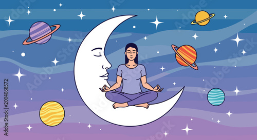 Woman meditating on a crescent moon surrounded by planets and stars in space, Generative AI.