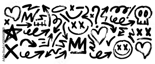 Abstract Doodle Symbols Set. Hand Drawn Scribble Icons, Urban Graffiti Elements, Arrows, Stars, Hearts and Shapes Collection.