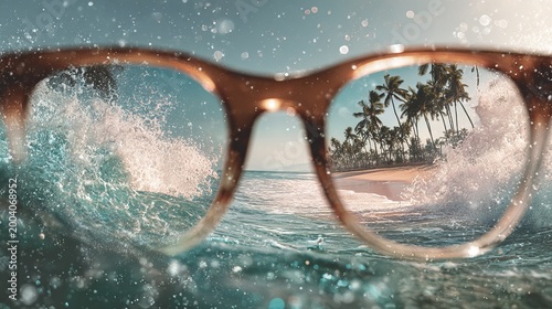Tropical beach with palm trees and ocean wave viewed through sunglasses lens
