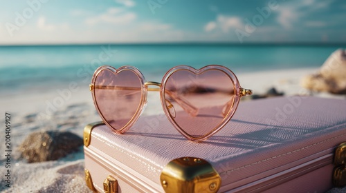  Pink heart shaped sunglasses on sandy beach at sunset sea background