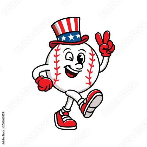 Patriotic American Baseball Mascot, Retro Cartoon Character Wearing Uncle Sam Top Hat for Independence Day