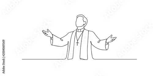 One line drawing of pastor opening both hands. Continuous line of preaching gesture. Faith leadership concept. Modern minimalist style. single line art vector illustration.