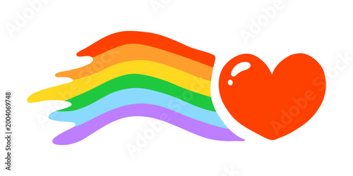 Vector lgbt pride illustration with red heart and wavy rainbow line on white background. Perfect for social media post, poster, banner, sticker, card, equality campaign design. Childish kids clipart.