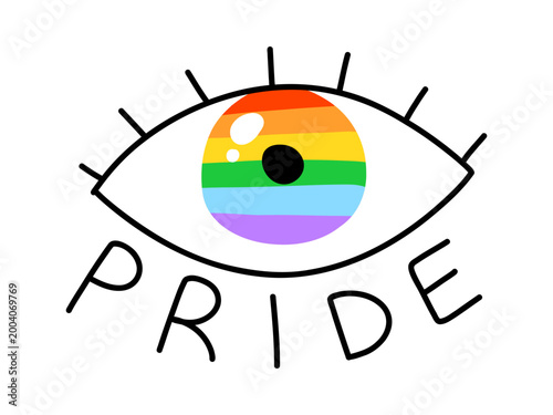 Vector lgbt pride illustration with eye and rainbow iris in six flag color and pride text below. Perfect for social media post, gay poster, sticker, equality campaign design.