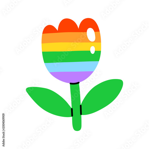 Vector rainbow tulip illustration with striped lgbt petal and green stem with leaf. Perfect for children book, gay pride poster, sticker, card or spring holiday design.