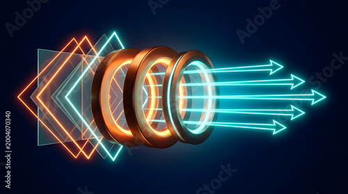 Glowing neon geometric shapes transform into outgoing blue arrows on a dark blue background.