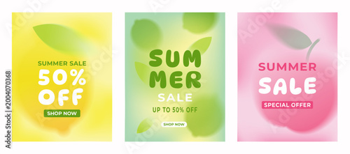 Set of three vertical summer sale banners with abstract blurred fruit backgrounds (lemon, lime, apple). Minimalist gradient design for seasonal retail promotions and marketing