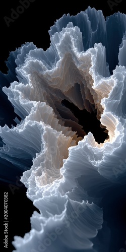 Abstract 3d render of flowing white organic layers with deep shadows and soft light creating futuristic artistic shapes on solid black background for creative wallpaper