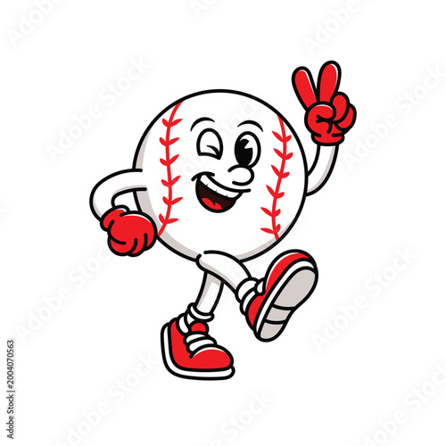 Vintage Baseball Mascot Cartoon Character, Retro Rubber Hose Style Baseball with Red Gloves and Shoes for Sports Branding
