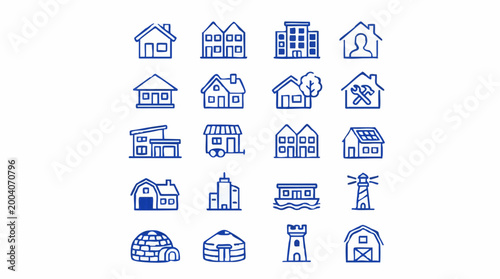 Collection of diverse line art icons representing various types of houses and buildings