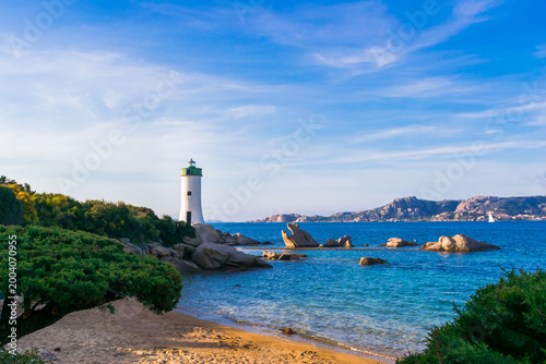 Panoramic view of Punta Palau Lighthouse with La Maddalena Island and the Tyrrhenian Sea in the background, Sardinia Island, Italy
