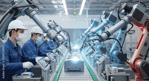 Workers in blue uniforms operating robotic arms in a factory setting with a conveyor belt and welding, Generative AI.