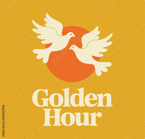 Golden hour with two white doves flying in front of orange sun