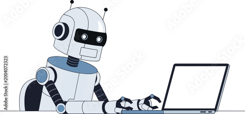 A robot sitting at a laptop computer isolated on white background