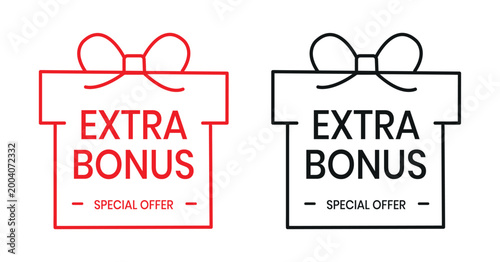 Extra Bonus Gift boxes with ribbon icons Set. Free Gift box badge in Trendy Flat style. Surprising gift boxes label, Gift wrapping sticker, lucky draw, Christmas box icon. Vector Illustration. 