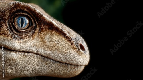 Close-up of a detailed dinosaur raptor eye with blue iris and scaly skin texture