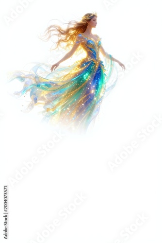 a shimmering, ethereal figure perhaps a radiant guardian or a whimsical spirit stands at the top of the frame