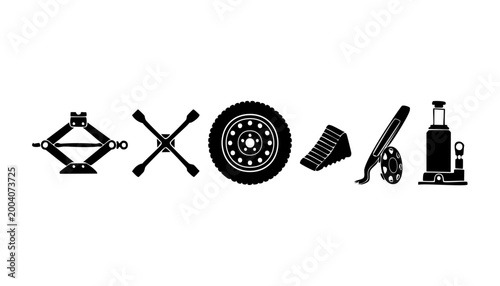 Car Tire Change Tool Kit Icons Set, Vehicle Maintenance Equipment Collection for Garage and Roadside Repair, Black Silhouettes of Auto Jack, Lug Wrench, Wheel Chock, and Tire Pressure Gauge Flat Vecto