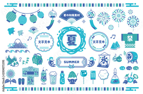 夏の和風イラストセット：夏祭り・あしらい・フレーム・アイコン
