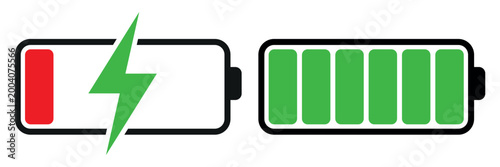 Battery charging and fully charged power level indicator icons vector illustration showcasing energy status and mobile device power