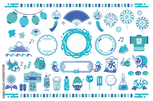 夏の和風イラストセット：夏祭り・あしらい・フレーム・アイコン

