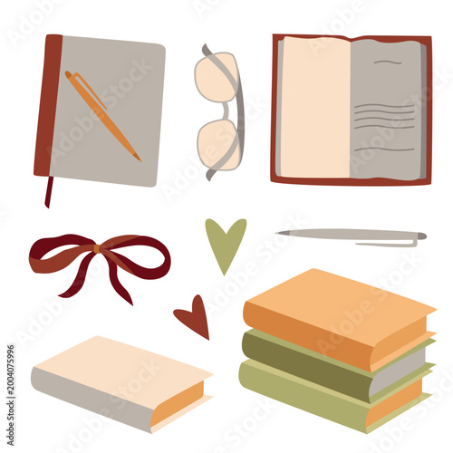 Hand-drawn cozy autumn illustration of books, pen, bow, reading glasses, copybook for back to school and fall vibes cozy projects