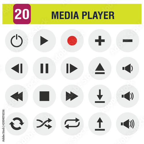 Set of 20 media player and interface control icons vector flat design.