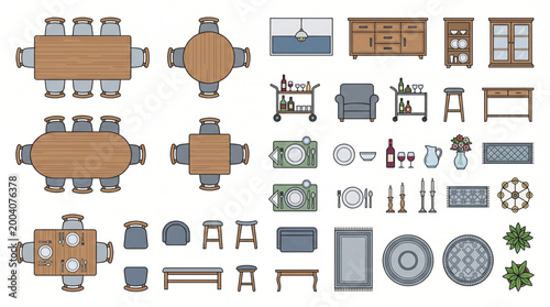 Top Down Flat Vector icons  Dining Room Elements Set