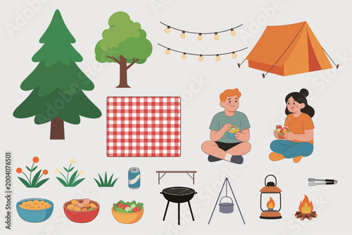 Flat style vector illustration, forest camping party illustration