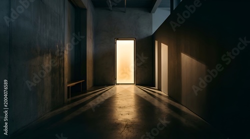 Sunlit doorway at end of dark hallway, casting long shadows, minimalist architecture