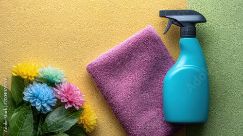 Vibrant Cleaning Supplies with Colorful Cloth and Flowers on Bright Background for Home and Office Cleaning Tasks
